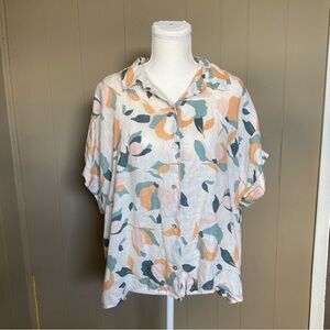 Rachel Zoe Linen Button-Up Blouse with Abstract Floral Print